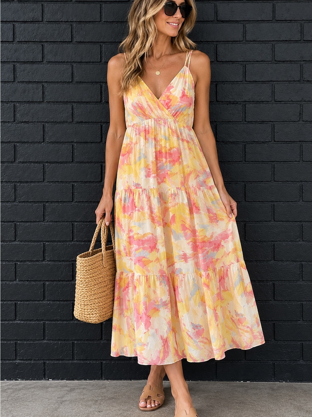 Adelyn Rae Yellow Pink Watercolor V-Neck Maxi Dress